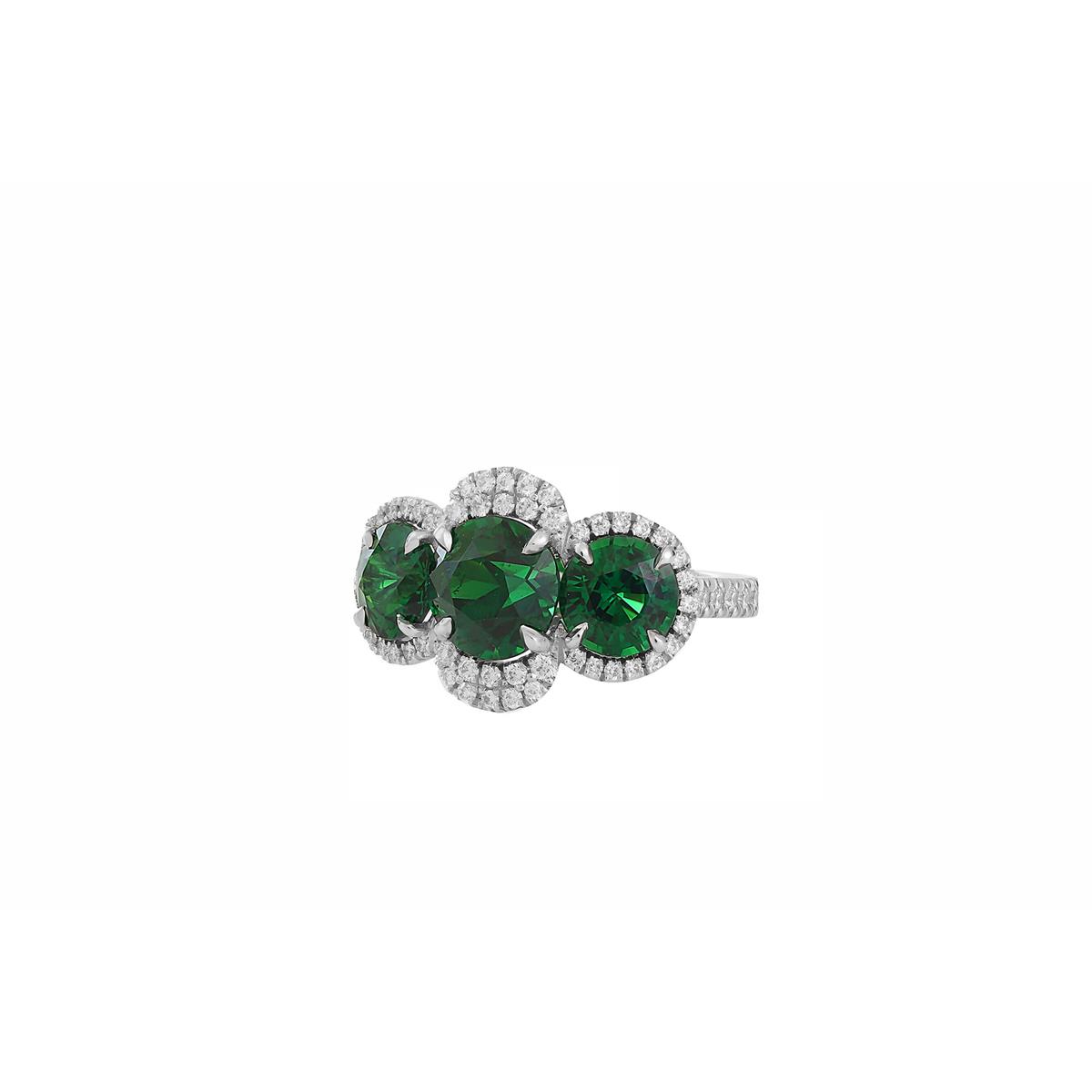 London Collection Platinum Three Stone Tsavorite and Diamond Halo Ring