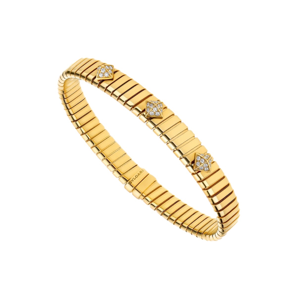 Bvlgari Tubogas 18k Yellow Gold Stud Pave Diamond Bracelet