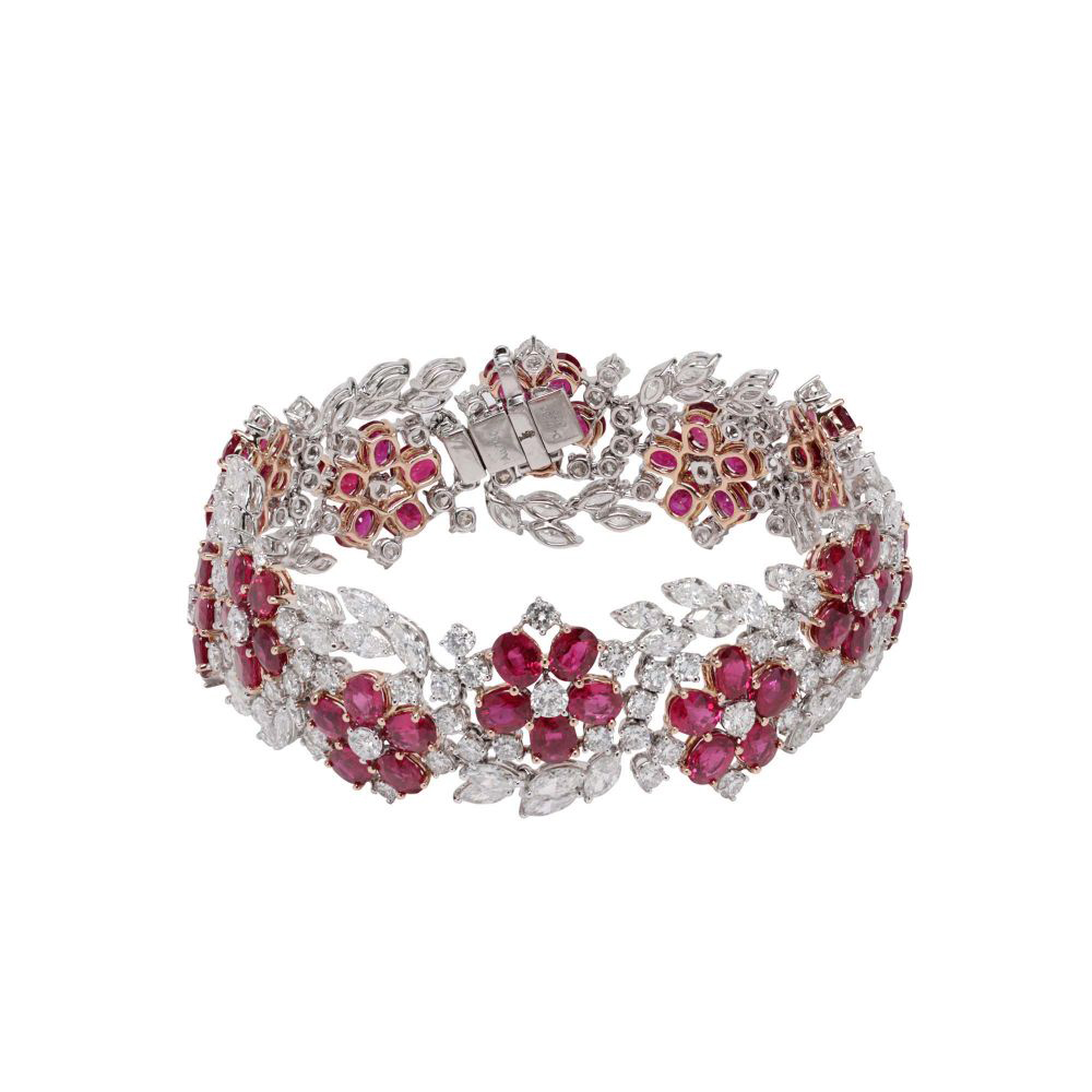 London Collection 18k White Gold Diamond And Ruby Flower Vine Bracelet