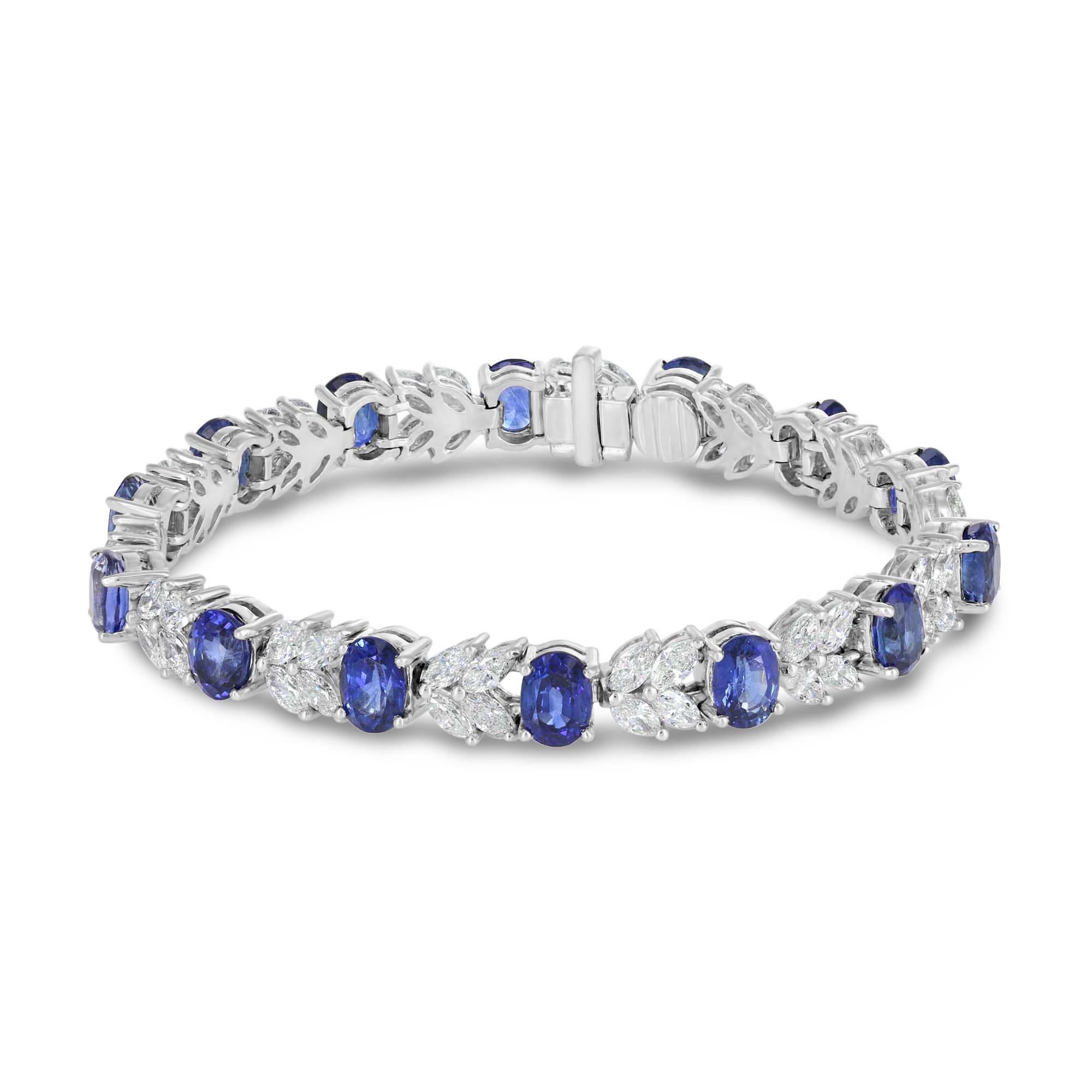 London Collection Platinum Blue Sapphire and Marquise Diamond Flower Bracelet