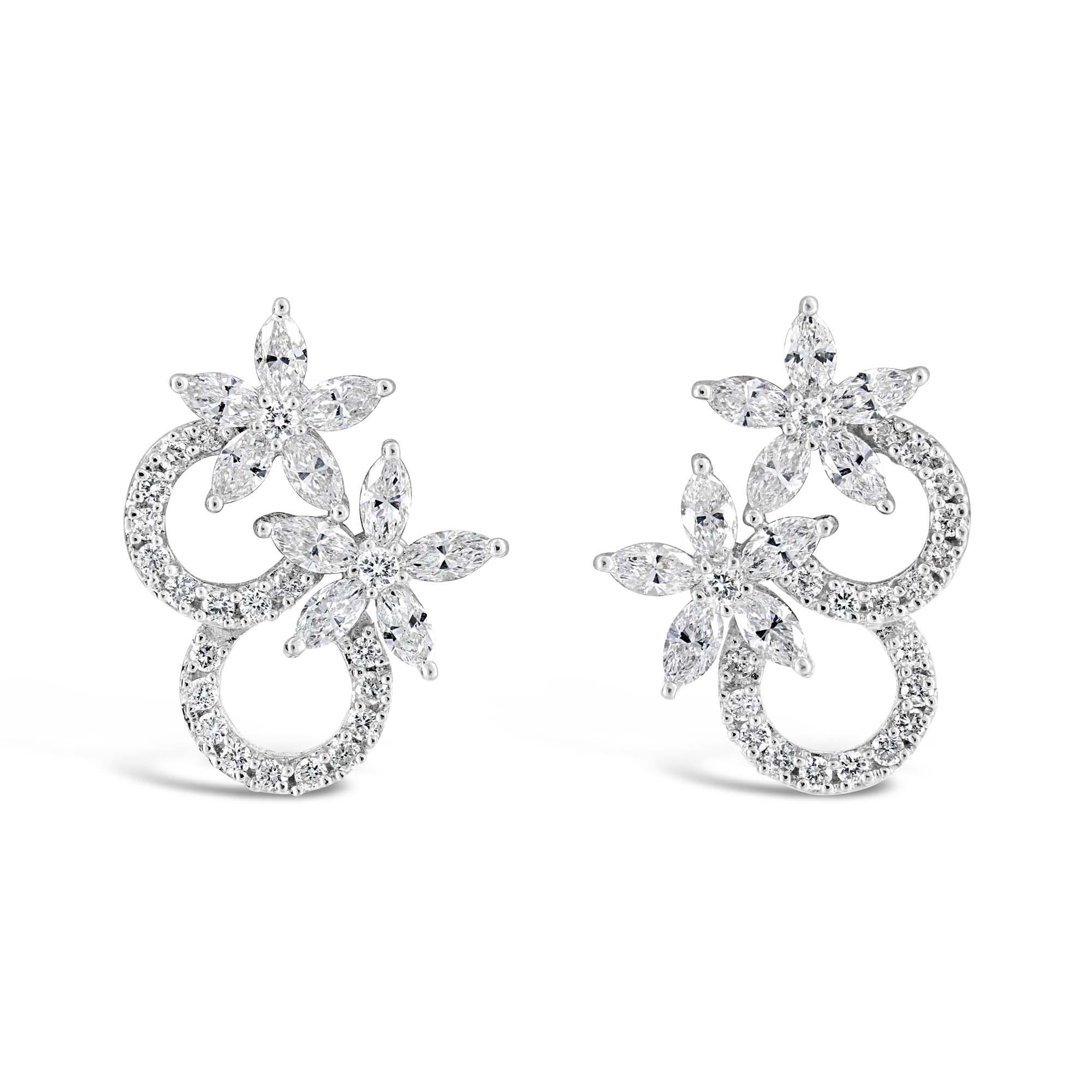 London Collection White Gold Marquise Diamond Flower Earrings