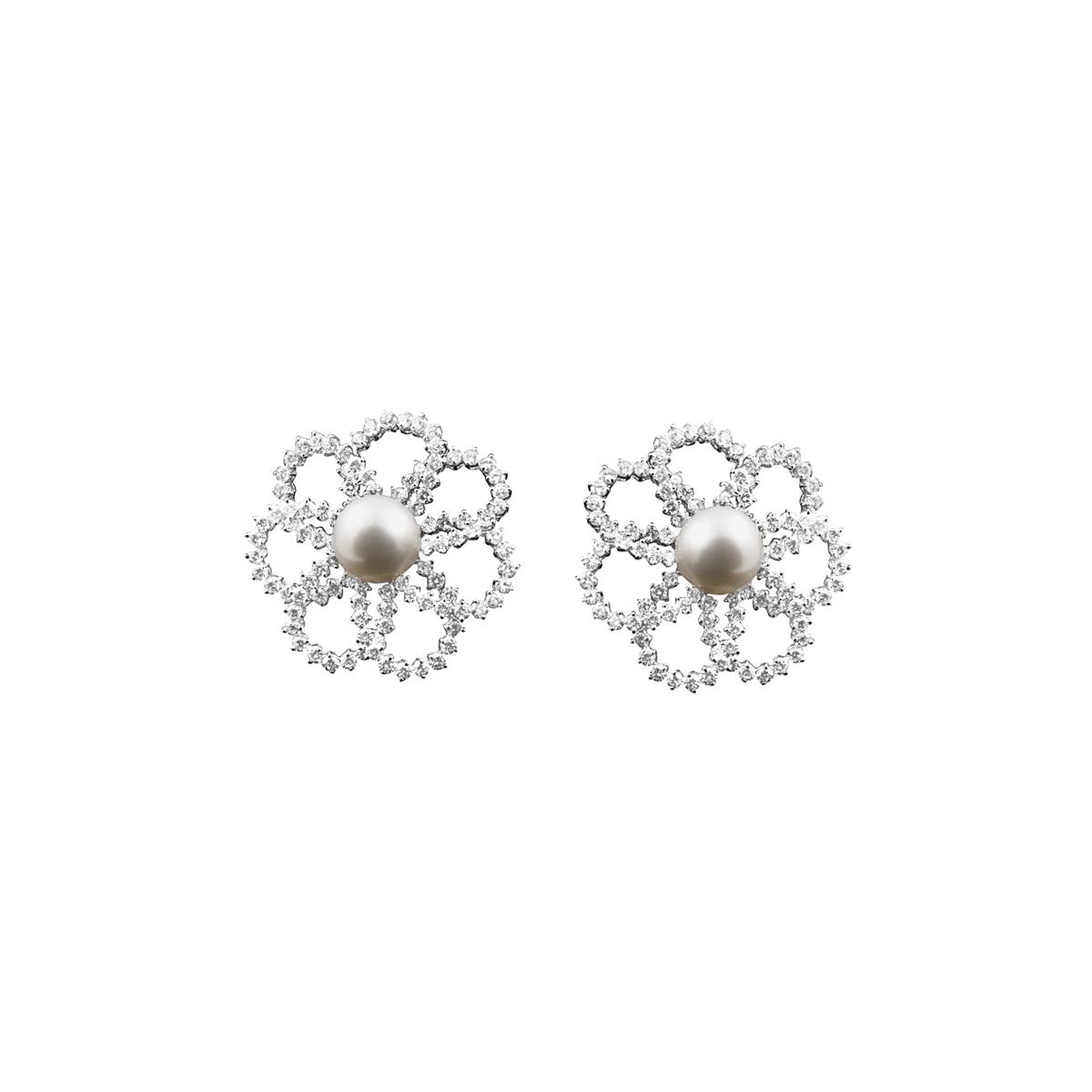 Leo Pizzo 18k White Gold Diamond and Pearl Open Flower Earrings