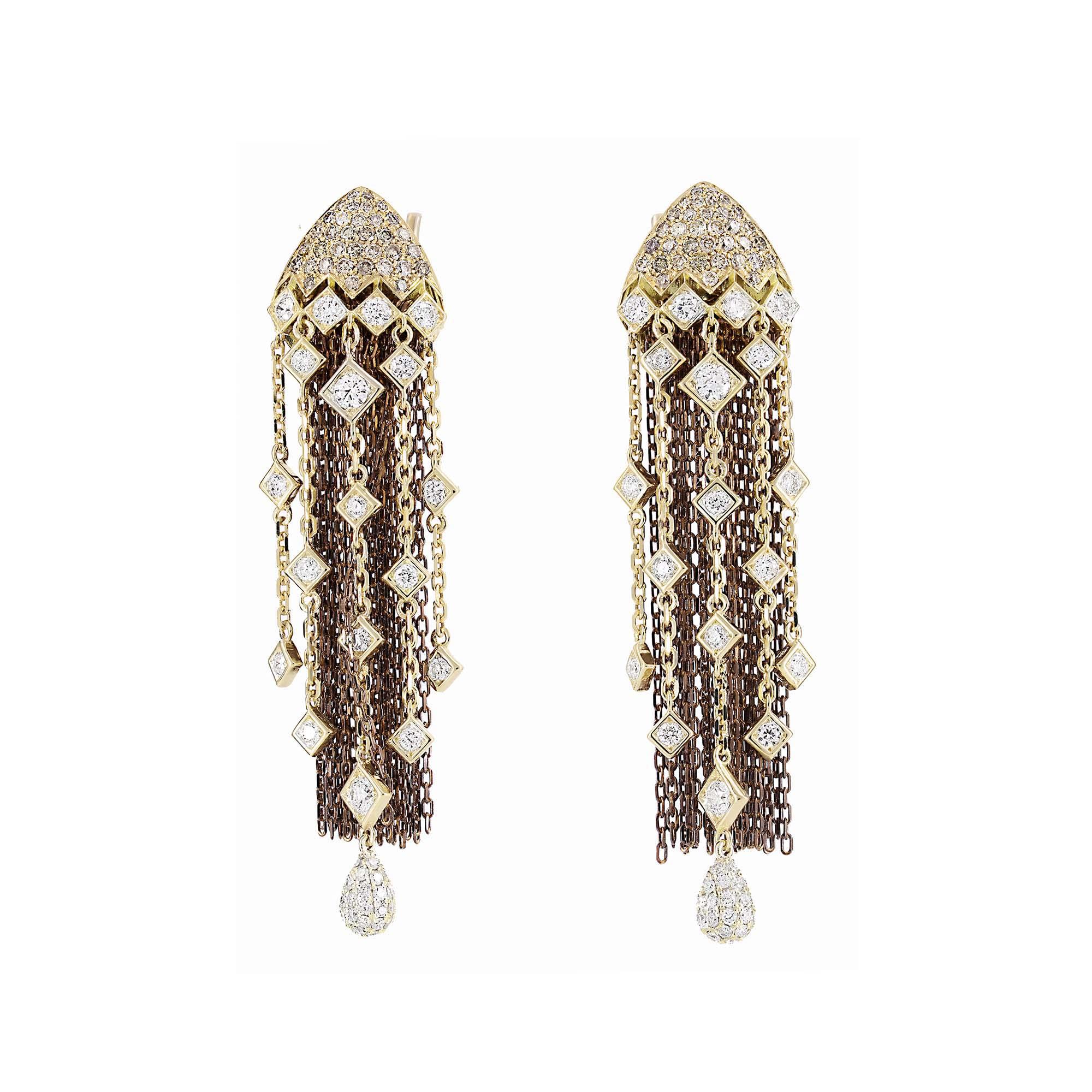 London Collection 18k Brown and White Diamond Tassel Drop Earrings