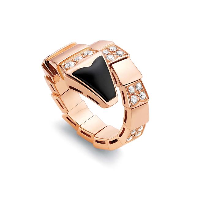 Bvlgari Serpenti Viper 18k Rose Gold Onyx And Diamond Ring