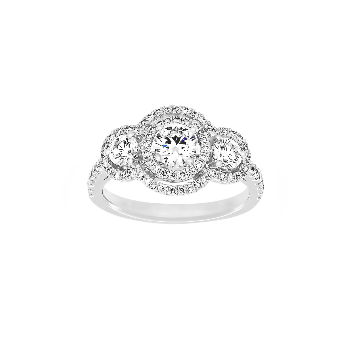 TWO by London Three Stone Round Diamond Double Diamond Halo Engagement Ring