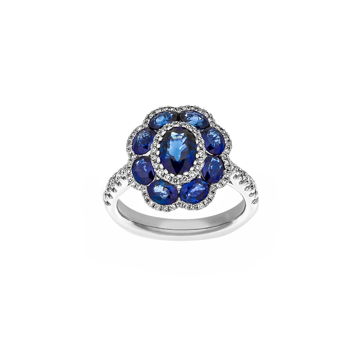 TWO by London Blue Sapphire Diamond Flower Halo Engagement Ring