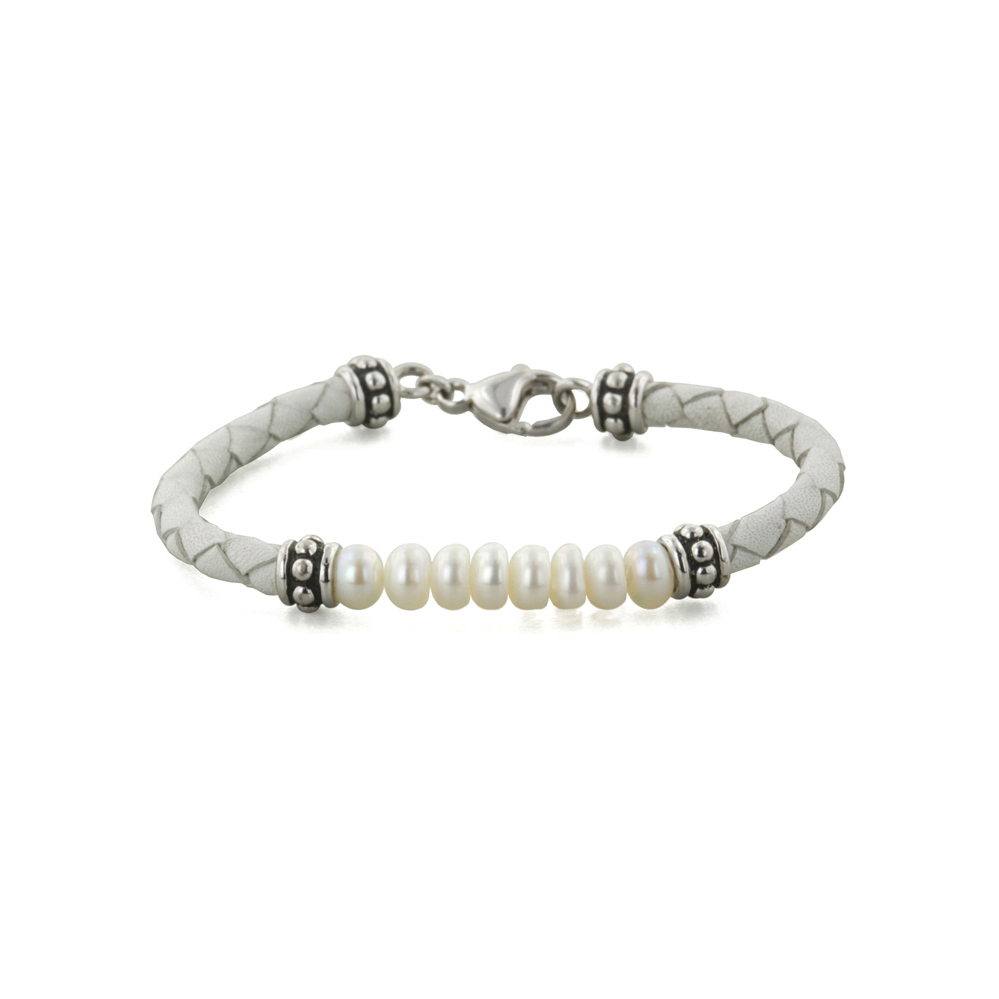 Honora SS 6" Freshwater Cultured Pearl and White Leather Bracelet