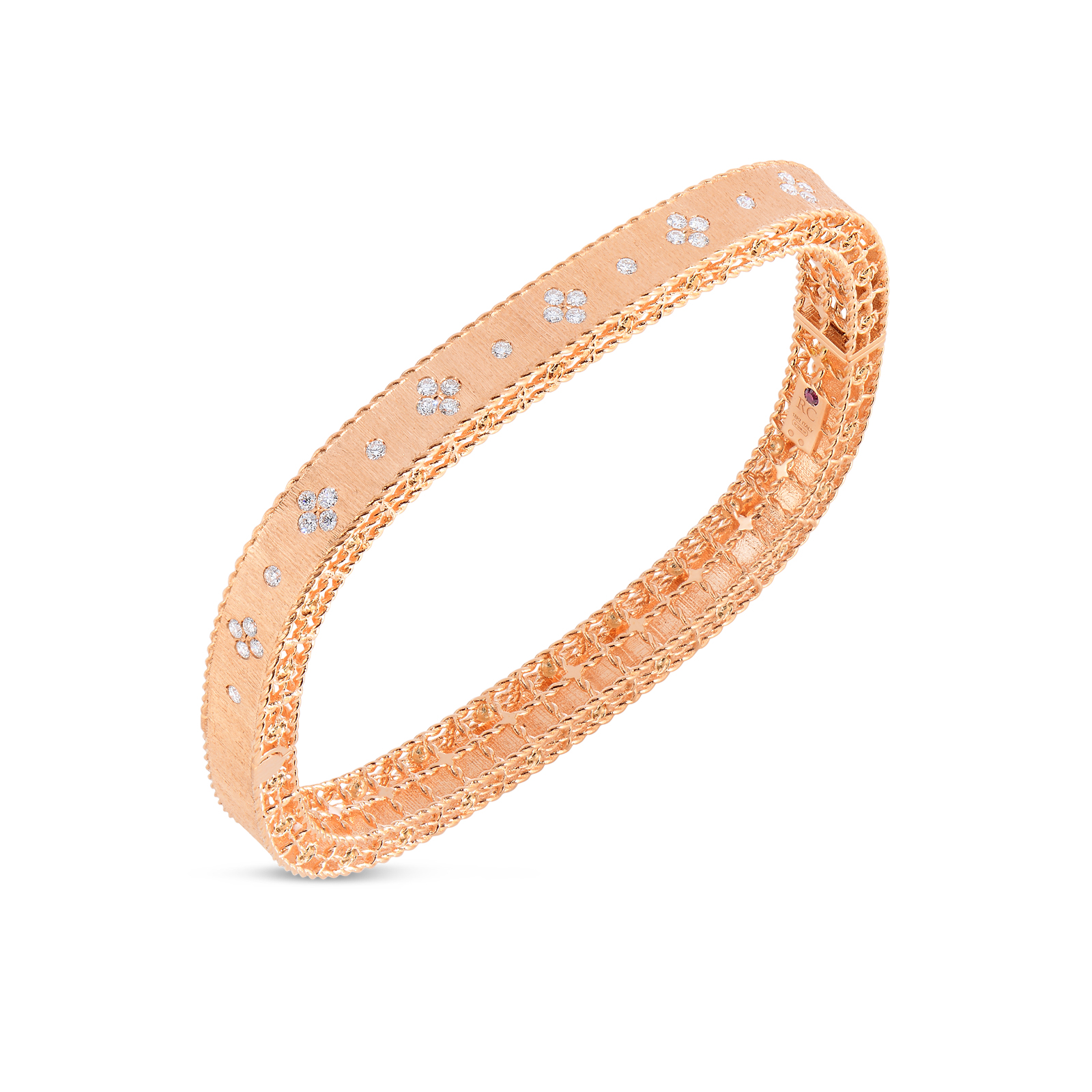 Roberto Coin Princess 18K Rose Gold  Satin Finish Slim Bangle with Fleur de Lis Diamonds