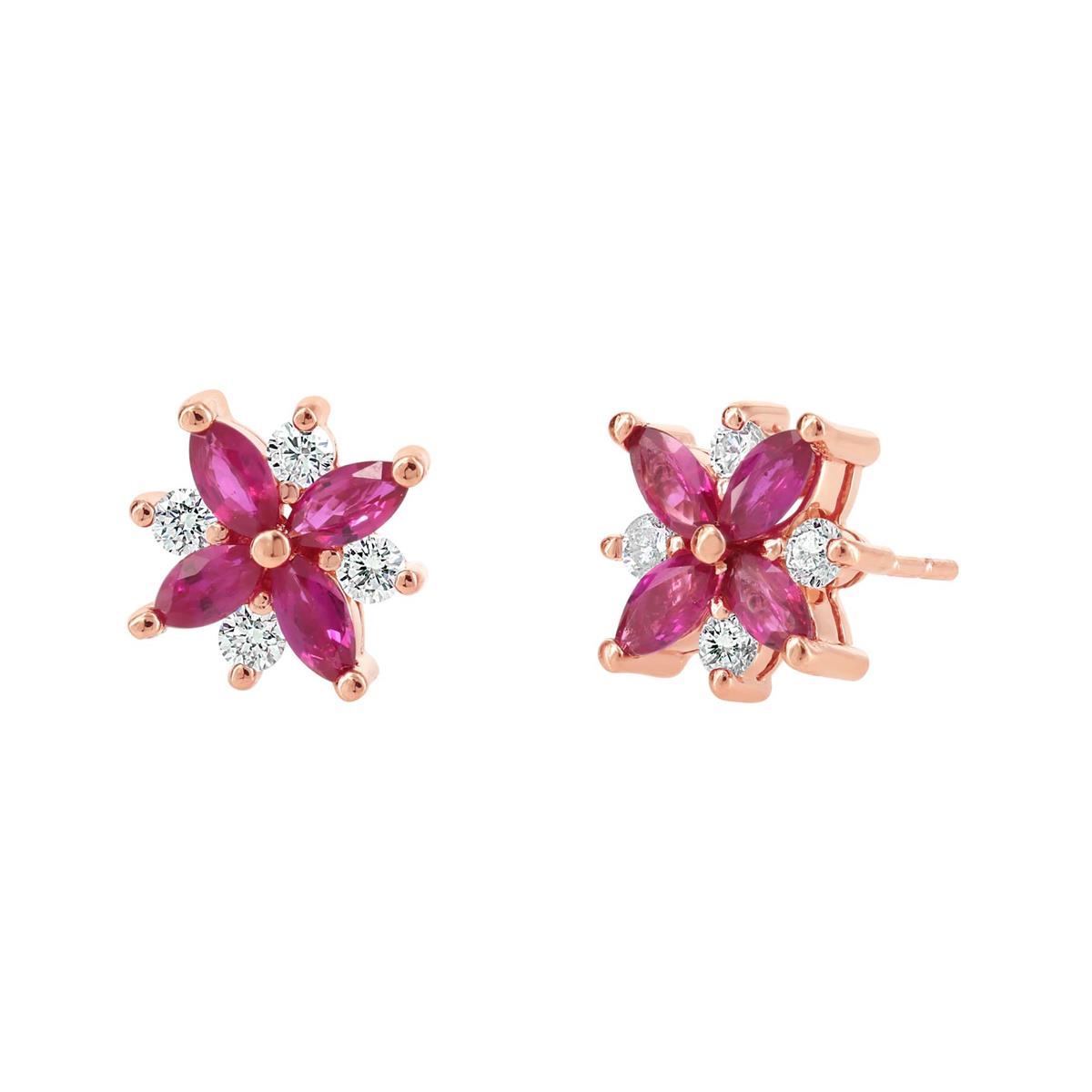 London Collection Rose Gold Diamond and Ruby Flower Earrings