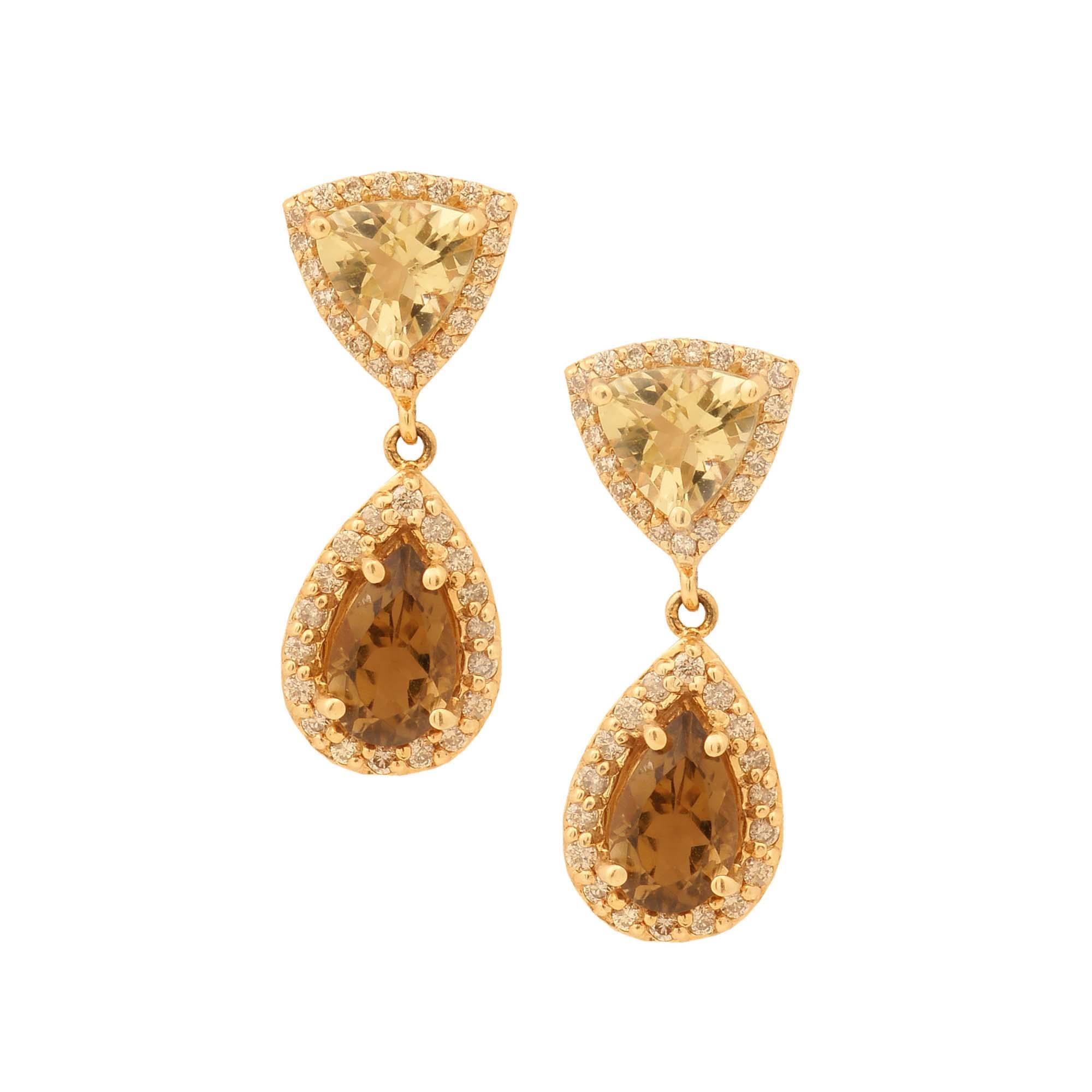 London Collection 14k Yellow Gold Trillion Lemon Citrine Diamond Drop Earrings