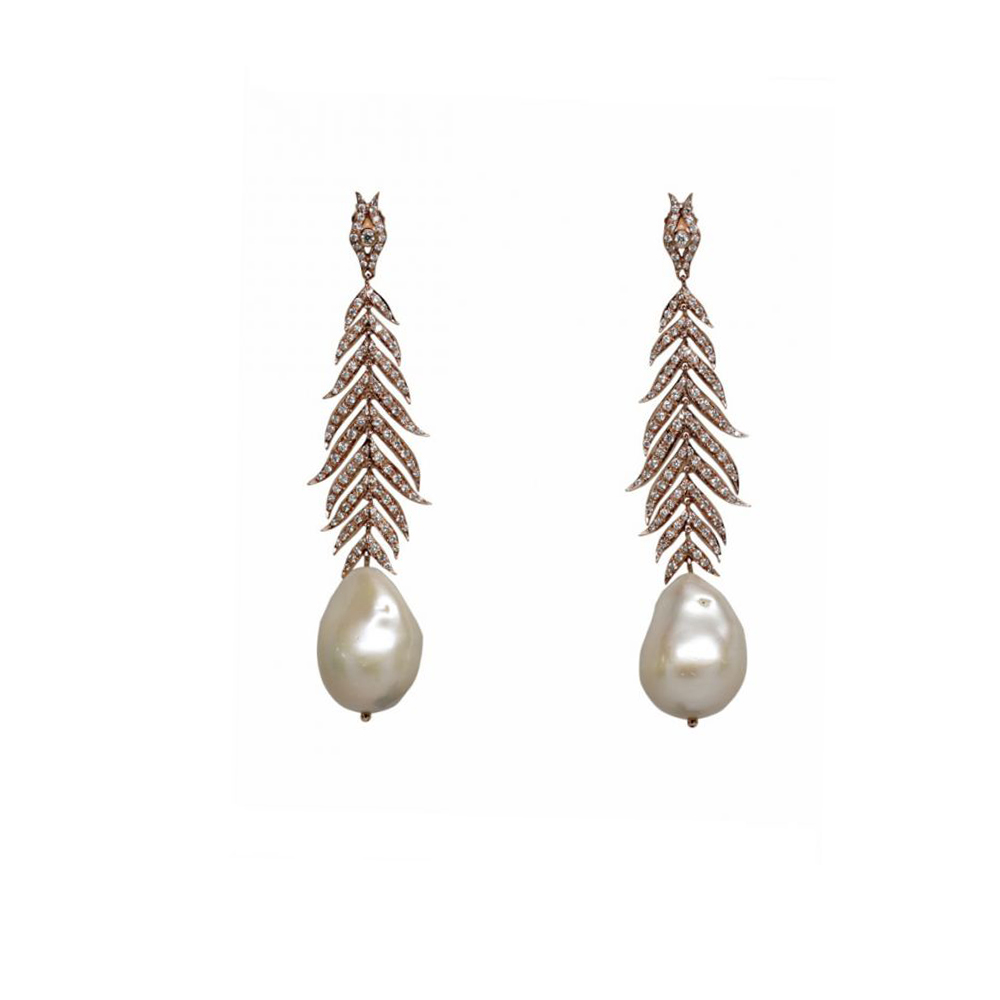 London Collection Rose Gold Diamond Leaf Baroque Pearl Earrings