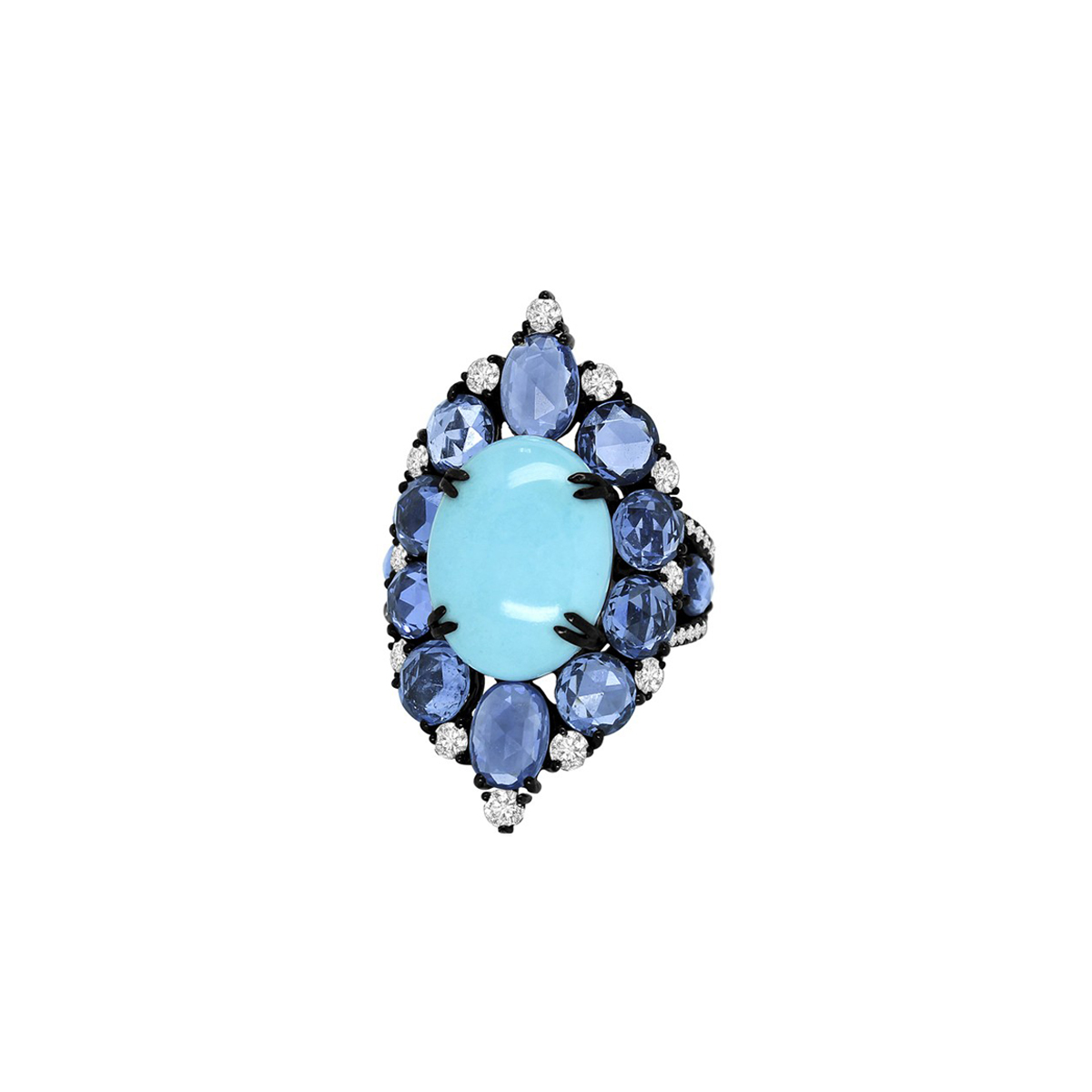 Sutra Jewels Turquoise Sapphire And Diamond Marquise Shape Cluster Ring