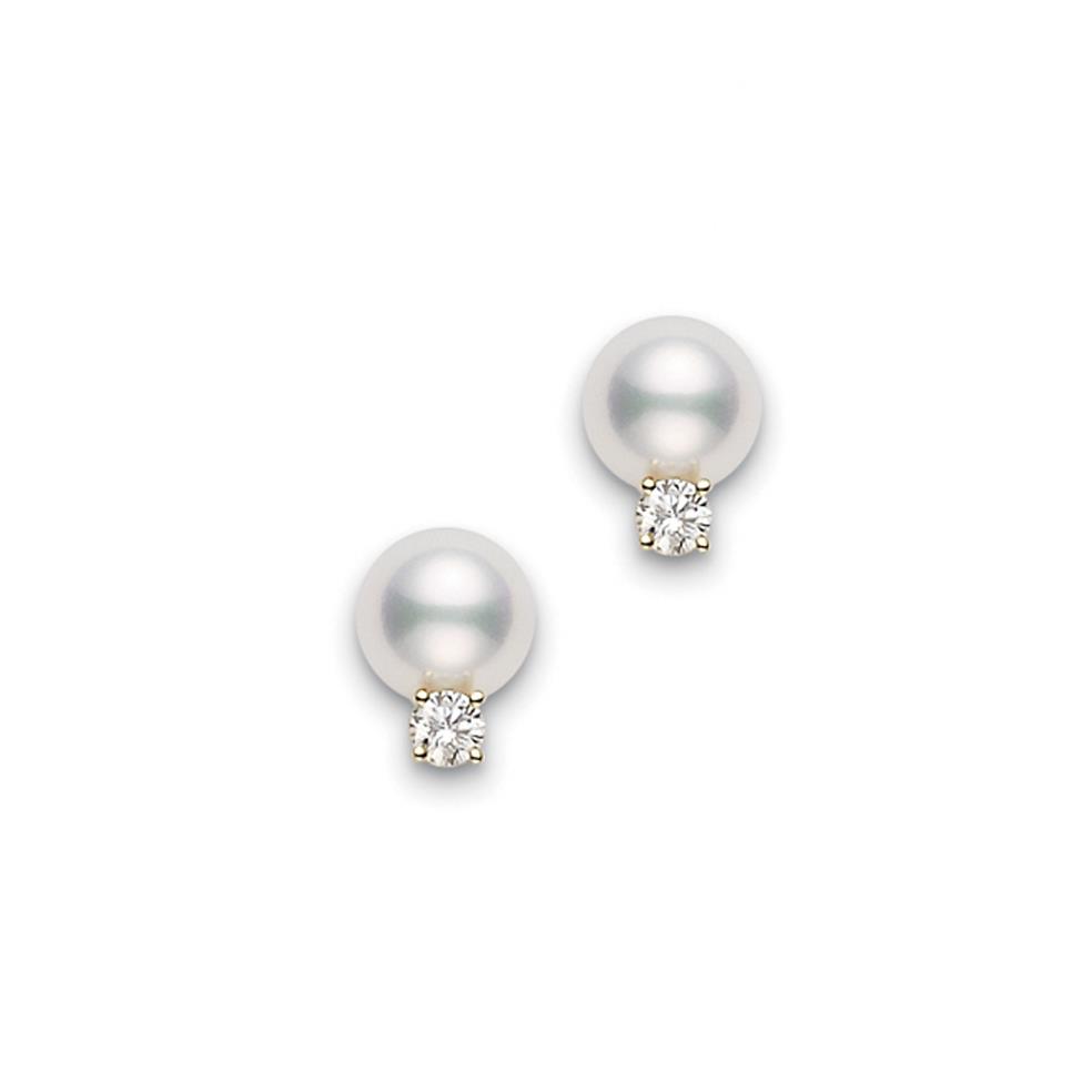 Mikimoto Yellow Gold Round Diamond and Pearl Studs