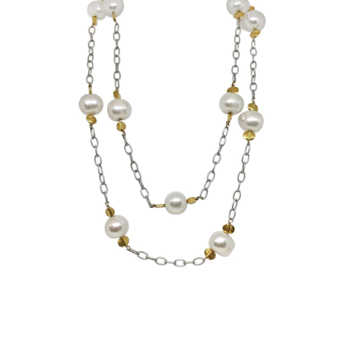 London Collection 14k Fresh Water Pearl Oval Link Necklace