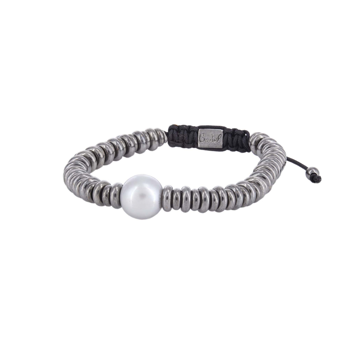 London Collection Black Plated Silver Rondelle and Grey Pearl Black Cord Bracelet