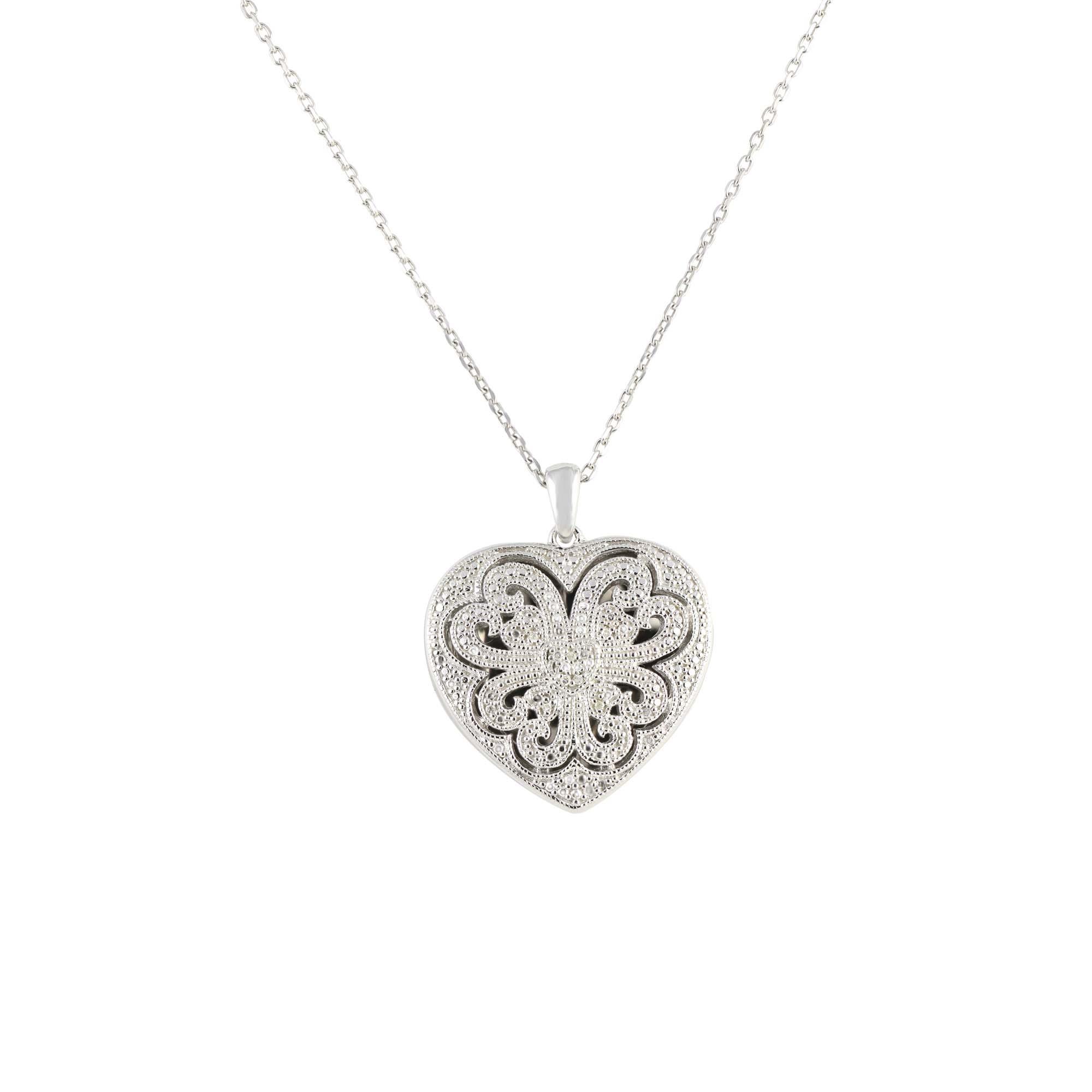 London Collection Sterling Silver Diamond Heart Filigree Locket with Chain