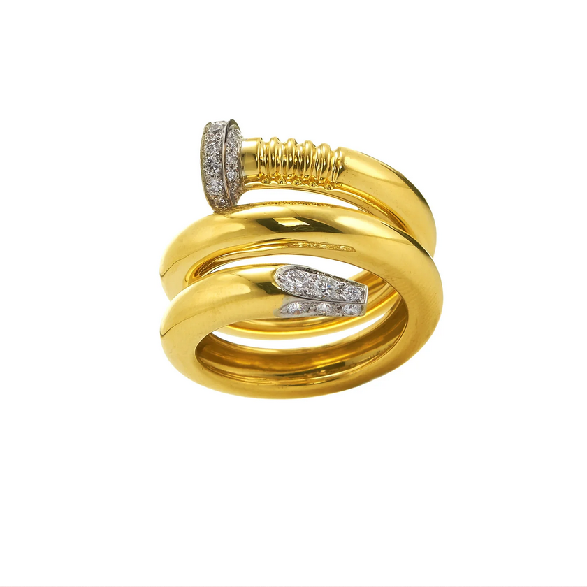 David Webb 18k Yellow Gold and Platinum Pave Diamond Polished Nail Ring